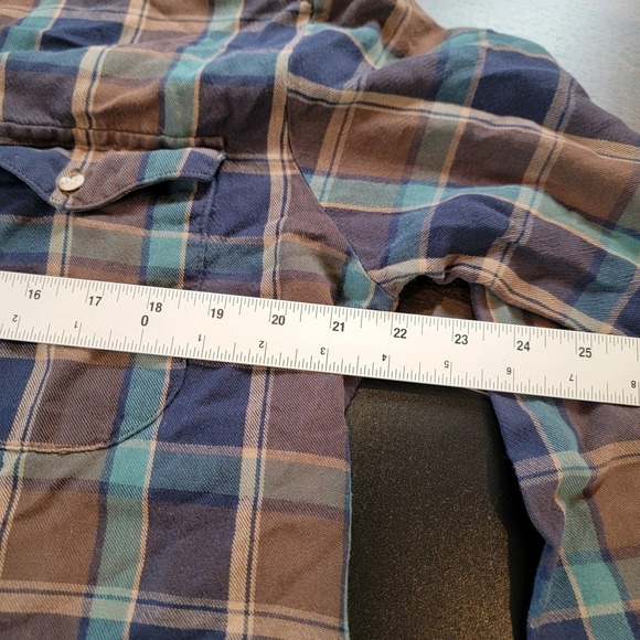 Vintage Rough Stock Panhandle Slim sz 15 1/2 -34 Brown Blue Plaid Button Shirt - Picture 6 of 9